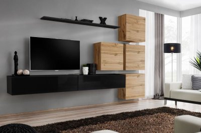 PARIS PRIX Ac-Deco Meuble TV Mural Design Switch IX 310cm Noir & Naturel