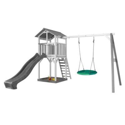  Aire de jeux 1 balan&ccedil;oire nid rond et toboggan gris
