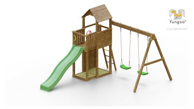 FUNGOO Aire de jeux avec balan&ccedil;oire double et toboggan en bois marron