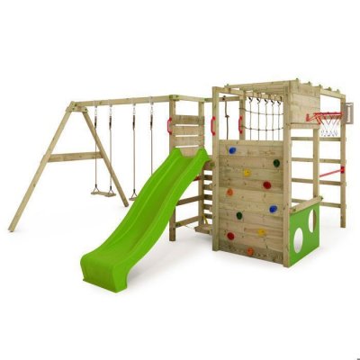 FATMOOSE Aire de jeux Portique bois ActionArena  avec balan&ccedil;oire et toboggan vert pomme
