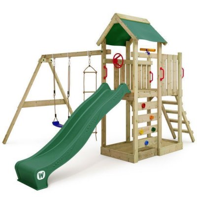 WICKEY Aire de jeux Portique bois MultiFlyer avec balan&ccedil;oire et toboggan vert 
