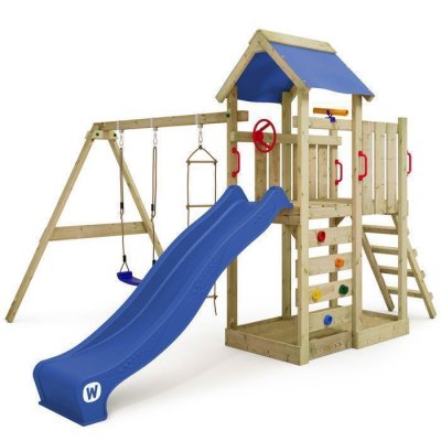 WICKEY Aire de jeux -  portique bois multiflyer avec balan&ccedil;oire et toboggan bleu