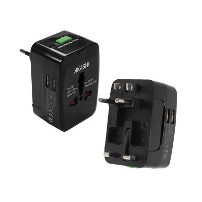 AKASHI  Adaptateur Universel De Voyage Avec 2 Sorties Usb - Noir