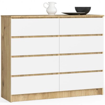 Akord - Commode K120 Ch&ecirc;ne Artisan 120 cm 8 tiroirs fa&ccedil;ade Blanche 120x40x99 cm