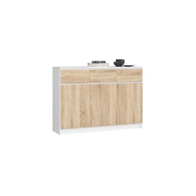 Akord - Commode K140 Blanche 138 cm 3 portes 3 tiroirs fa&ccedil;ade Ch&ecirc;ne Sonoma 6 &eacute;tag&egrave;res 138x40x99 cm