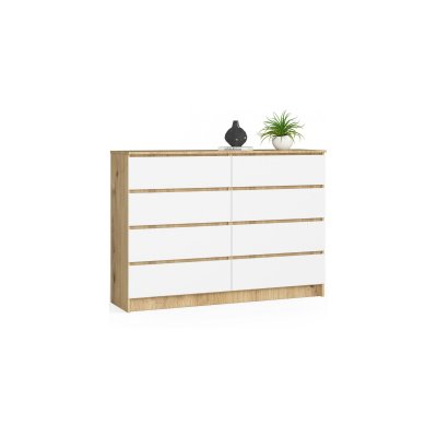 Akord - Commode K140 Ch&ecirc;ne Artisan 138 cm 8 tiroirs fa&ccedil;ade Blanche 138x40x99 cm