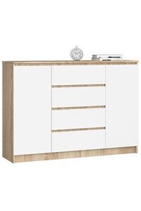 Akord - Commode K140 Ch&ecirc;ne Sonoma 138 cm 2 portes 4 tiroirs fa&ccedil;ade Blanche 4 &eacute;tag&egrave;res 138x40x99 cm