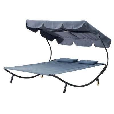 CONCEPT USINE Aloha gris : transat 2 personnes avec pare-soleil en tissu Oxford