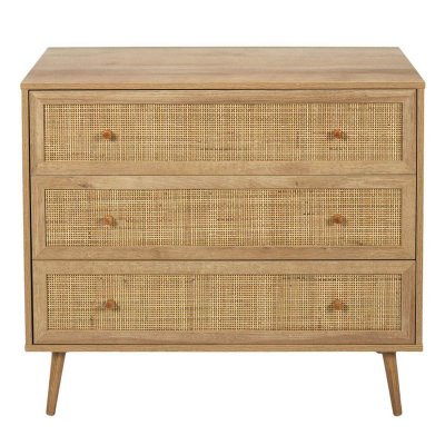 AltoBuy Maya - Commode 3 Tiroirs Effet Bois et Fa&ccedil;ades Rotin