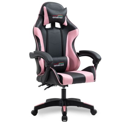 AMSTRAD AMS-800-PINK Fauteuil / Chaise de bureau Gamer coloris noir & rose - coussin lombaire & appuie t&ecirc;te