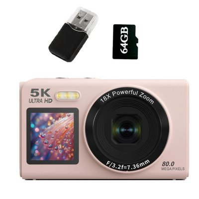  Appareil Photo Num&eacute;rique Compact 5K - Zoom 18X + 80MP + Ecran IPS 2,8"" + Carte 64GB - Rose