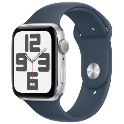 Apple Watch SE GPS, bo&icirc;tier en Aluminium Argent de 44 mm avec bracelet sport Bleu Orage M/L 