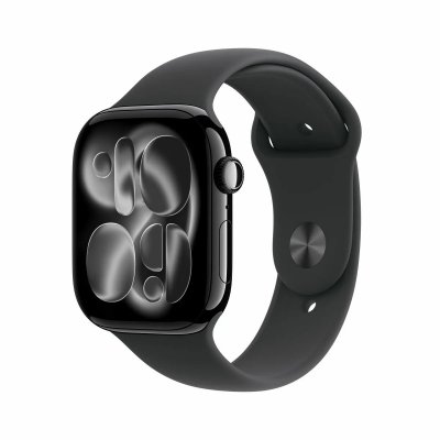 Apple Watch Series 11 GPS 46 mm, bo&icirc;tier en aluminium noir de jais avec bracelet sport noir M/L