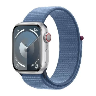Apple Watch Series 9 GPS + Cellular 45 mm, bo&icirc;tier en aluminium argent&eacute; avec boucle Sport Bleu hiver 