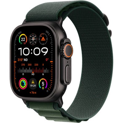 Apple Watch Ultra 2 GPS + Cellular 49 mm Bo&icirc;tier en Titane Noir avec Boucle Alpine Vert Fonc&eacute; Large 