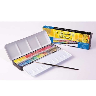  Aquarelles Sennelier - bo&icirc;te m&eacute;tallique 24 demi-godets + 1 pinceau