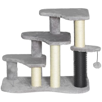 PAWHUT Arbre &agrave; chat 3 marches 3 griffoirs bande massante 2 jeux boules peluche gris clair 