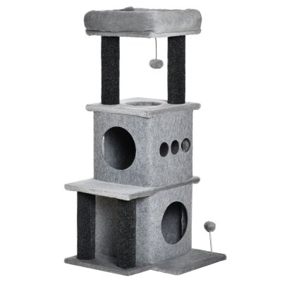 PAWHUT Arbre &agrave; chat boule suspendue, &agrave; ressort 2 niches amovibles plateformes gris