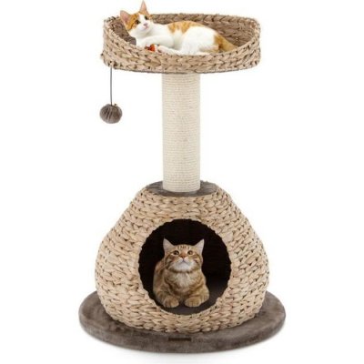 COSTWAY Arbre &agrave; Chat  H 705 CM avec Griffoir Niche et Pompon Suspendu Naturel et Caf&eacute;