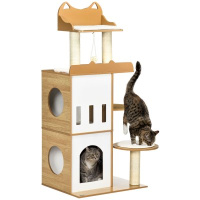 PAWHUT Arbre &agrave; chat design contemporain blanc h&ecirc;tre clair