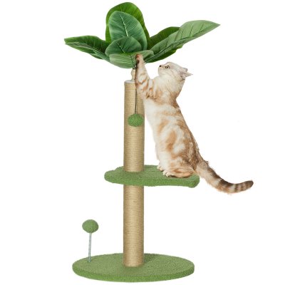PAWHUT Arbre &agrave; chat design tropical - plateforme, griffoir, 2 jeux boules - beige vert 