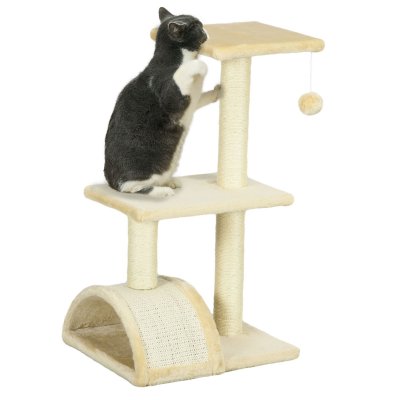 PAWHUT Arbre &agrave; chat griffoir grattoir design jeu boule suspendue 2 plateformes peluche sisal naturel cr&egrave;me 