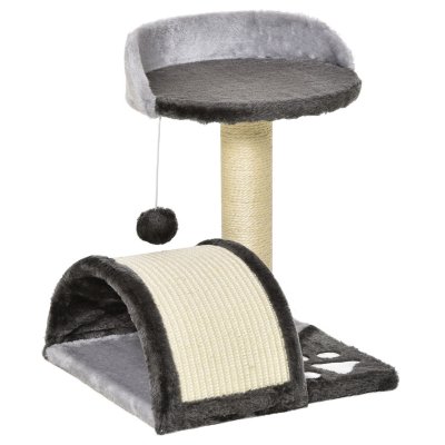 PAWHUT Arbre &agrave; chat griffoir grattoir design jeu boule suspendue + plateforme peluche sisal naturel gris