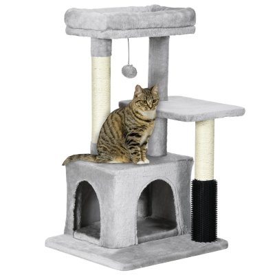 PAWHUT Arbre &agrave; chat griffoir massant niche plateformes jeu boule gris