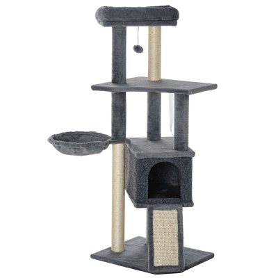 PAWHUT Arbre &agrave; chat multi-&eacute;quipement griffoirs grattoirs plateforme niche hamac jeu boule suspendue gris