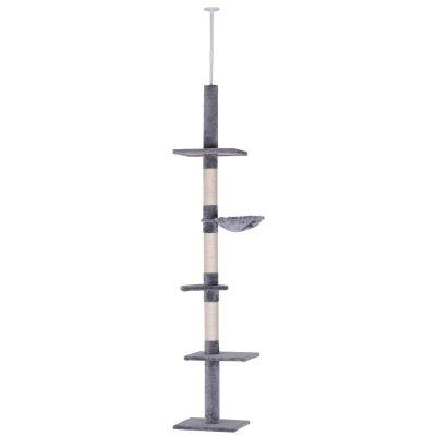 PAWHUT Arbre &agrave; chat poteau &agrave; griffer L40 x l 34 x H 230-260 cm 5 niveaux d'activit&eacute;s gris
