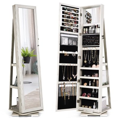Armoire &agrave; Bijoux Pivotante &agrave; 360 Degr&eacute;s avec Grand Miroir Psych&eacute; et Etag&egrave;re de Rangement &agrave; L&rsquo;Arri&egrave;re