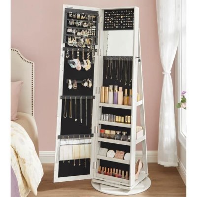 Armoire &agrave; bijoux pivotante avec miroir et &eacute;tag&egrave;res - H160 cm - Blanc