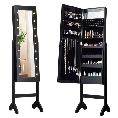 Armoire &agrave; Bijoux sur Pied COSTWAY avec 18 LED, Doublure en Velours Doux 35 &times; 31,5 x 145 CM Noir