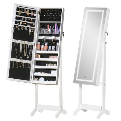 Armoire &agrave; bijoux sur pied multi-rangement avec miroir LED MDF blanc