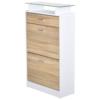 Armoire &agrave; chaussures 2 portes tiroir &eacute;tag&egrave;re verre ch&ecirc;ne blanc