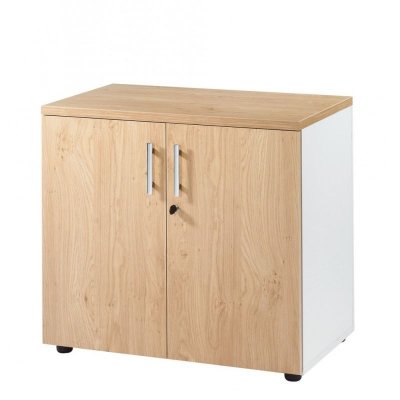 Armoire de Bureau Basse 2 Portes Blanc + Ch&ecirc;ne Clair INEO 