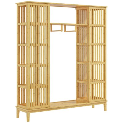 Armoire penderie en bambou - 2 portes coulissantes, 7 &eacute;tag&egrave;res, 2 barres - dim. 145l x 35l x 165hcm 