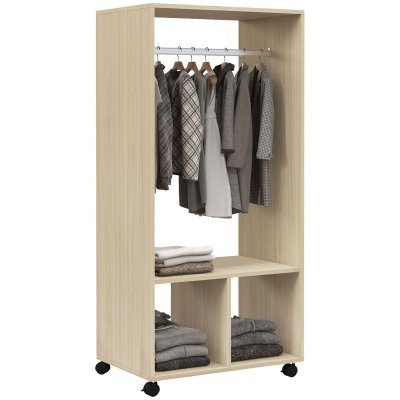 Armoire penderie &eacute;tag&egrave;re 4 roulettes pivotantes bois naturel