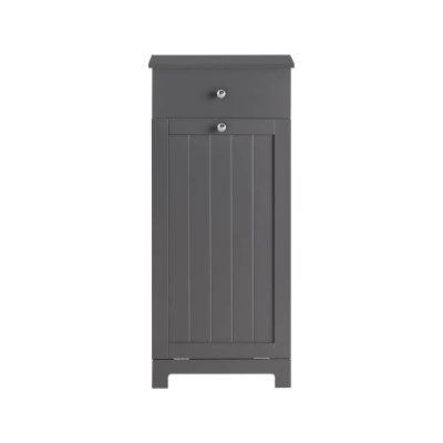 Armoire toilette effet bois gris fonc&eacute; 1 tiroir et 1 panier &agrave; linge