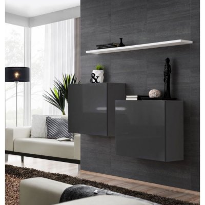 ASM Commode - Switch SB I - 2 Vitrines Carr&eacute;es - 1 &eacute;tag&egrave;re - Blanc Et Graphite - Mod&egrave;le 2