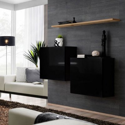 ASM Commode - Switch SB I - 2 Vitrines Carr&eacute;es - 1 &eacute;tag&egrave;re - Bois Et Noir - Mod&egrave;le 2