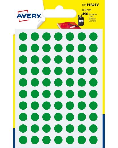 AVERY  - Sachet de 490 pastilles vertes autocollantes, Diam&egrave;tre 8mm
