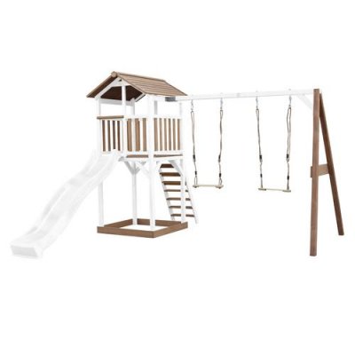 AXI  Beach Tower avec Balancoire Double Marron Blanc Toboggan Blanc