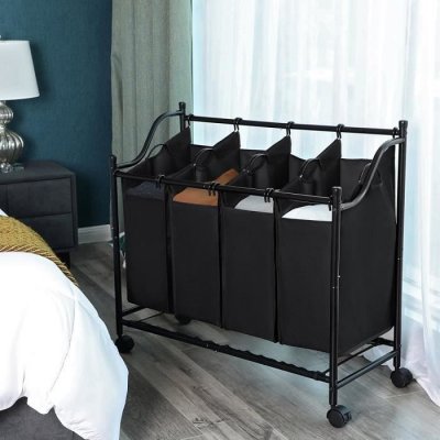 SONGMICS Bac &agrave; linge avec 4 sacs amovibles gris sur roulettes