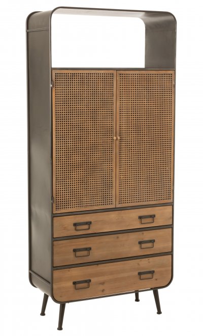 Bahut haut industriel en bois et m&eacute;tal 2 portes et 3 tiroirs L80