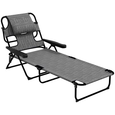 OUTSUNNY Bain de soleil transat pliable inclinable - coussins, espace t&ecirc;te - acier noir polyester gris chin&eacute;