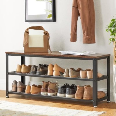 Banc &agrave; chaussures en acier effet bois marron rustique