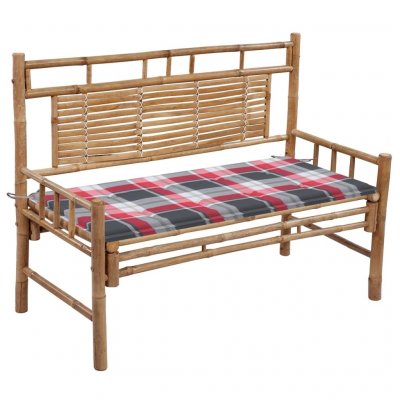 VIDAXL Banc de jardin avec coussin 120 cm Bambou  Motif carreaux rouges