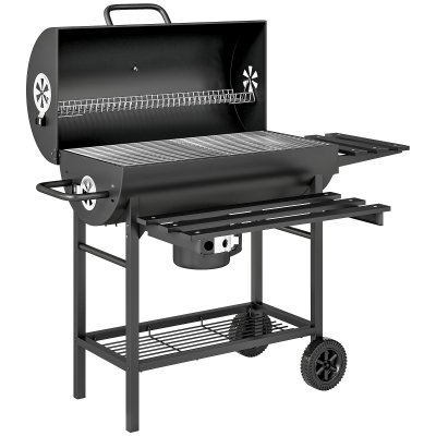  Barbecue charbon de bois tablette avant pliable 2 roues acier noir