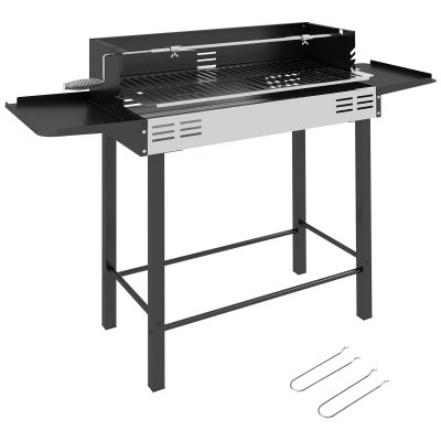 OUTSUNNY Barbecue charbon tourne broche grille - 2 tablettes lat&eacute;rales rabattables - acier inox noir
